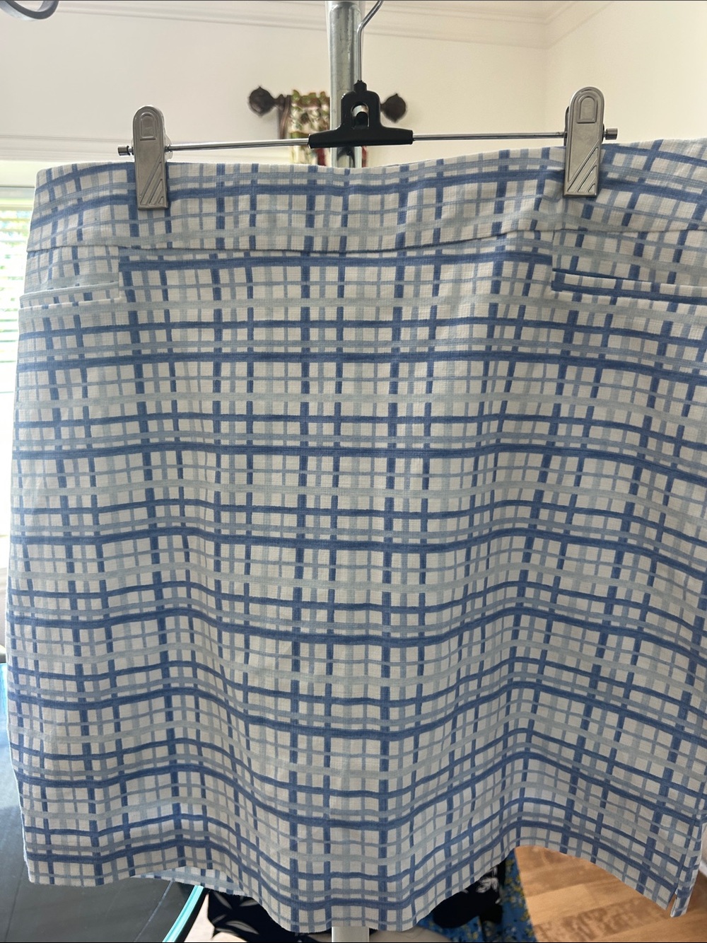 Chico's White and Light Blue Plaid Mini Skirt